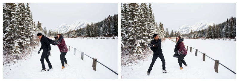Snow Ball Fight Engagement Photos Canmore